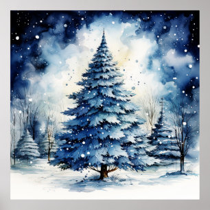 Watercolor Blue Holiday Christmas Tree Poster