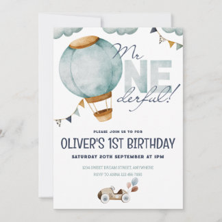 Watercolor Blue Hot Air Balloon Mr ONEderful Boy Invitation
