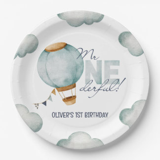 Watercolor Blue Hot Air Balloon Mr ONEderful Boy Paper Plate