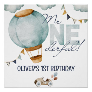 Watercolor Blue Hot Air Balloon Mr ONEderful Boy Poster