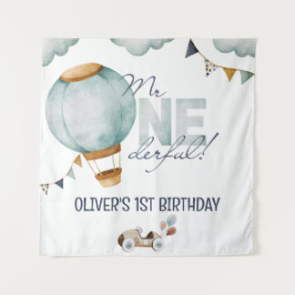 Watercolor Blue Hot Air Balloon Mr ONEderful Boy Tapestry