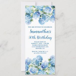 Watercolor Blue Hydrangea 50th Birthday Invitation