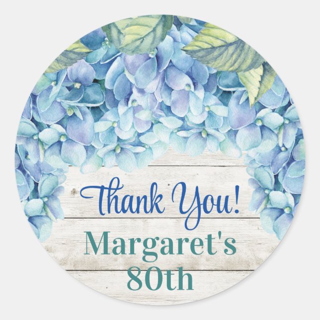 Watercolor Blue Hydrangea 80th Birthday Classic Round Sticker (Front)