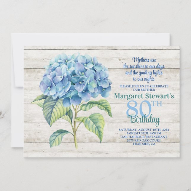 Watercolor Blue Hydrangea 80th Birthday Invitation (Front)
