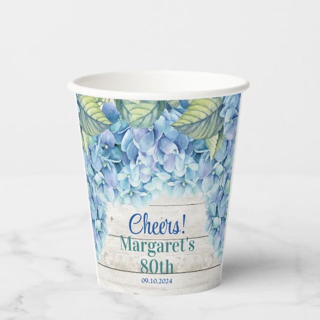 Watercolor Blue Hydrangea 80th Birthday Paper Cups (Front)