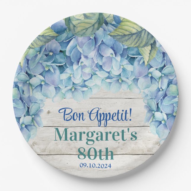 Watercolor Blue Hydrangea 80th Birthday Paper Plate (Front)