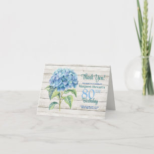 Watercolor Blue Hydrangea 80th Birthday Thank You Card