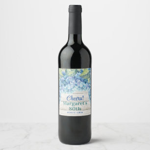 Watercolor Blue Hydrangea 80th Birthday Wine Label