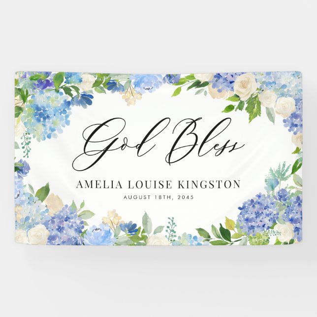 Watercolor Blue Hydrangea and Ivory Rose Baptism Banner (Horizontal)