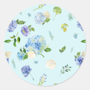 Watercolor Blue Hydrangea and Rose Floral Pattern Classic Round Sticker