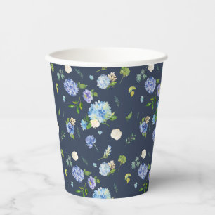 Watercolor Blue Hydrangea and Rose Floral Pattern Paper Cups