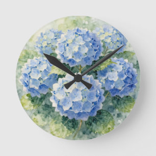 Watercolor Blue Hydrangea Bouquet Round Clock