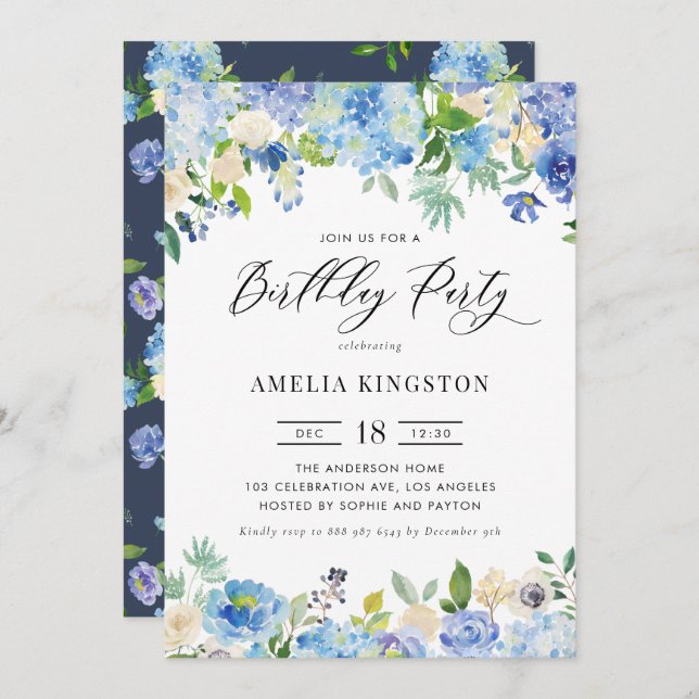 Watercolor Blue Hydrangea Floral Birthday Party Invitation (Front/Back)