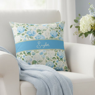 Watercolor Blue Hydrangea Floral Name Cushion