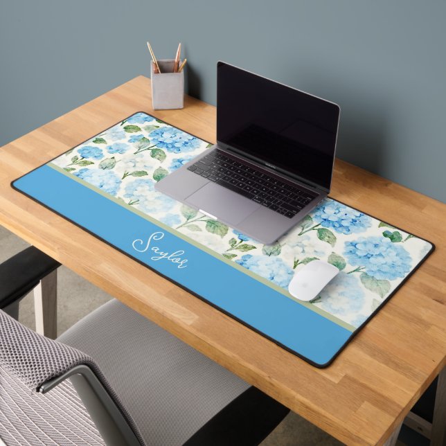 Watercolor Blue Hydrangea Floral Name Desk Mat (Office 2)