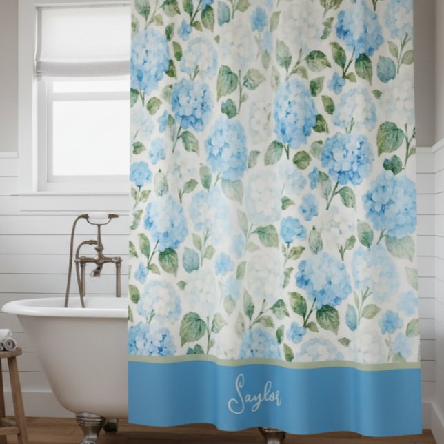 Watercolor Blue Hydrangea Floral Name Shower Curtain (Creator Uploaded)