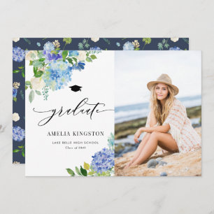 Watercolor Blue Hydrangea Floral Photo Graduation Invitation