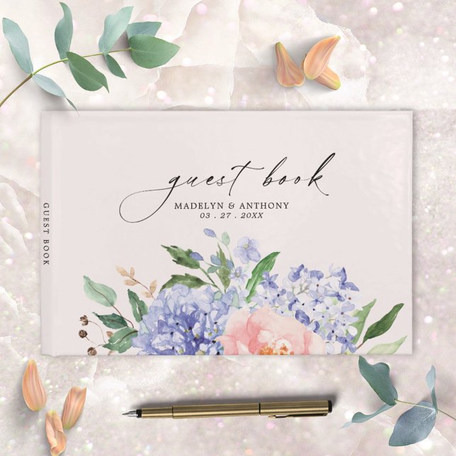 Watercolor Blue Hydrangea Floral Wedding Guestbook (Close up photo)