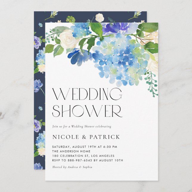 Watercolor Blue Hydrangea Floral Wedding Shower Invitation (Front/Back)