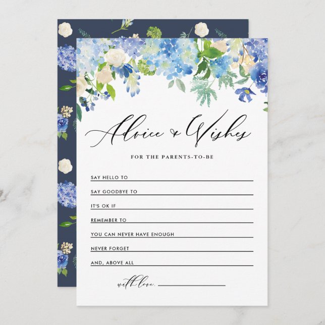 Watercolor Blue Hydrangea Flowers Baby Shower Advice Card (Front/Back)