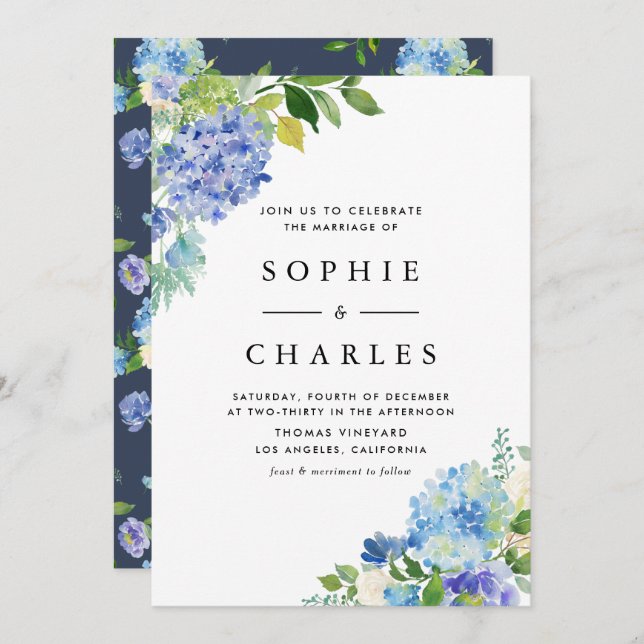 Watercolor Blue Hydrangea Flowers Bouquet Wedding Invitation (Front/Back)