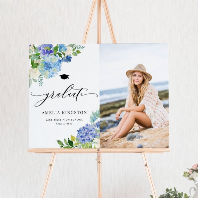 Watercolor Blue Hydrangea Flowers Photo Graduation Poster (Watercolor Blue Hydrangea Flowers Photo Graduation Poster)