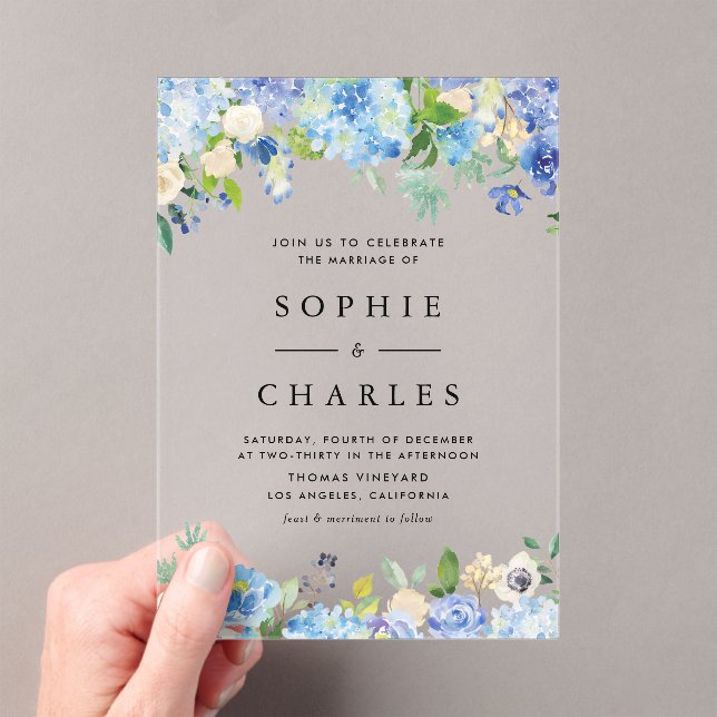 Watercolor Blue Hydrangea Flowers Wedding Acrylic Invitations (Insitu (Handheld))