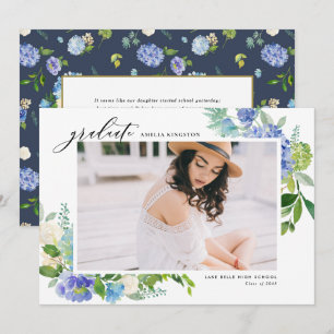 Watercolor Blue Hydrangea Frame Photo Graduation Announcement