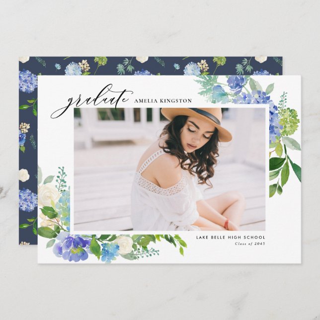 Watercolor Blue Hydrangea Frame Photo Graduation Invitation (Front/Back)