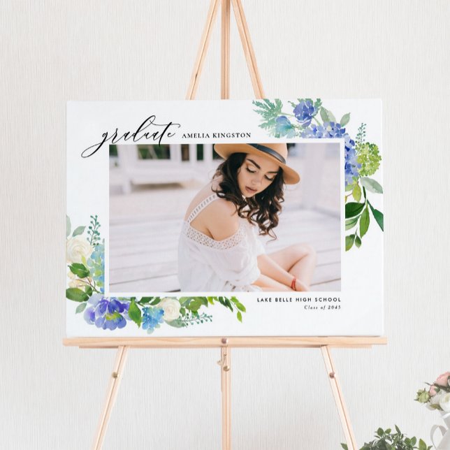 Watercolor Blue Hydrangea Frame Photo Graduation Poster (Watercolor Blue Hydrangea Frame Photo Graduation Poster)