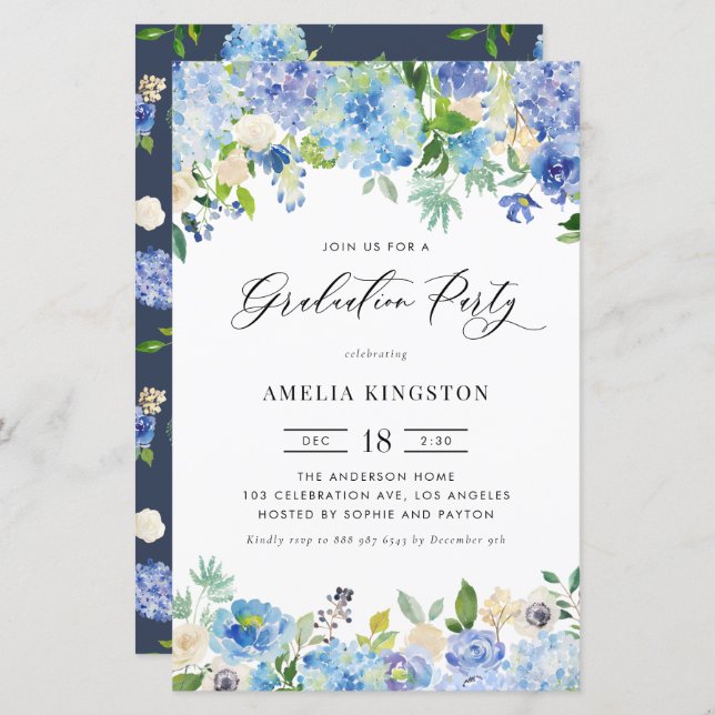 Watercolor Blue Hydrangea Graduation Party Invite (Front/Back)