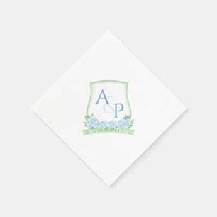 Watercolor Blue Hydrangea Green Wedding Monogram Napkin