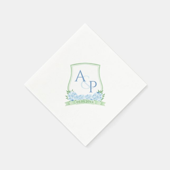 Watercolor Blue Hydrangea Green Wedding Monogram Napkin (Corner)