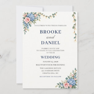 Watercolor Blue Hydrangea Lights Wedding Invitation