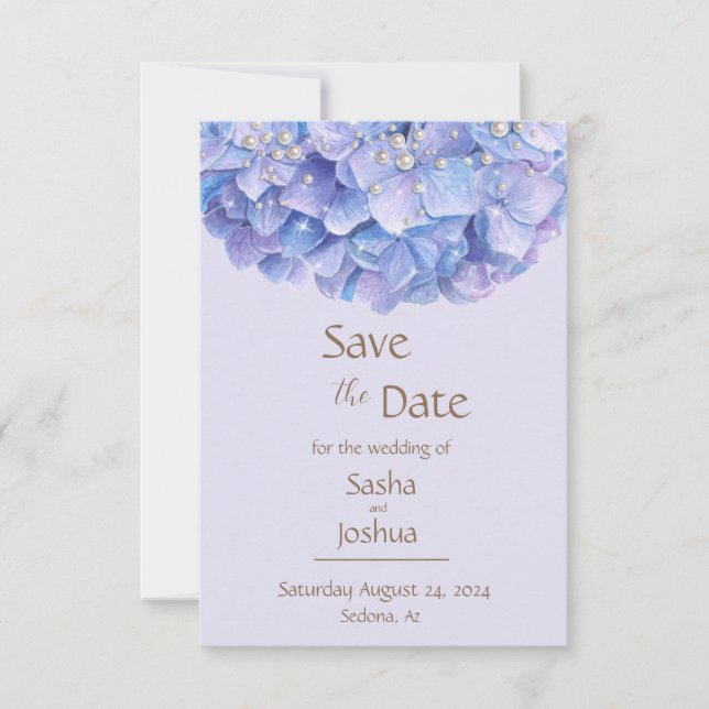 Watercolor Blue Hydrangea Pearl Save The Date (Front)