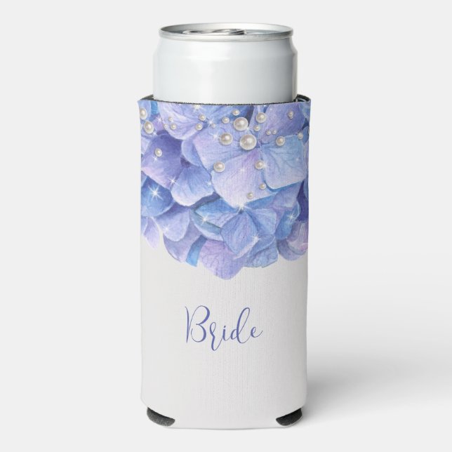 Watercolor Blue Hydrangea Pearls Bridal Party  Seltzer Can Cooler (Seltzer Back)