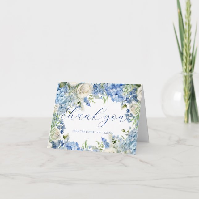 Watercolor Blue Hydrangea Roses Elegant Script Thank You Card (Front)