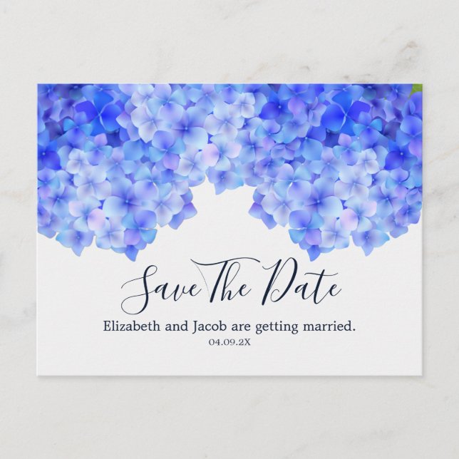 Watercolor Blue Hydrangea Save the Date Postcard (Front)