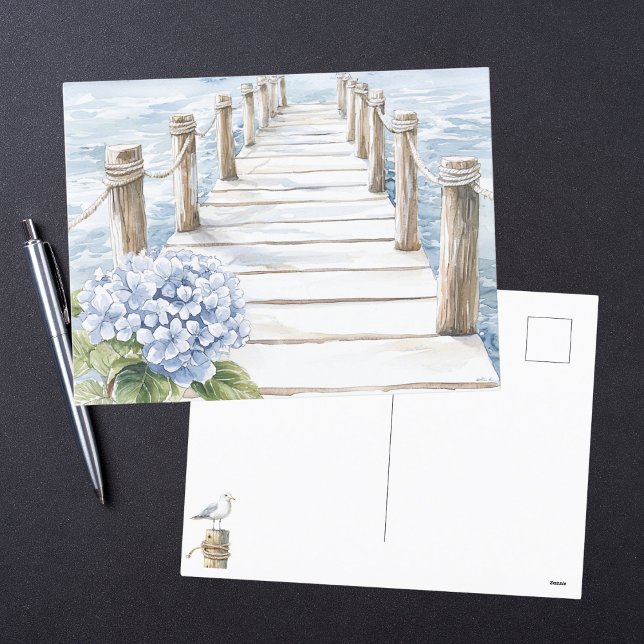 Watercolor Blue Hydrangea Seaside Dock Coastal Holiday Postcard (Creator Uploaded)