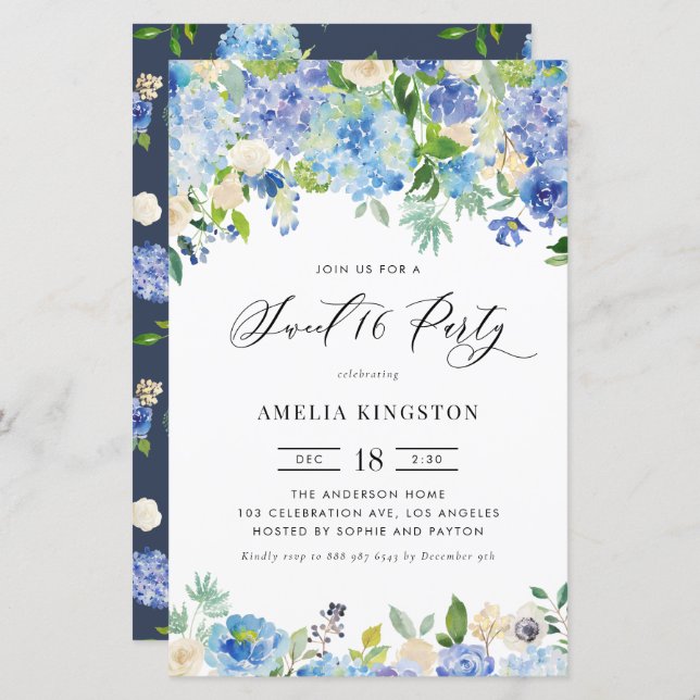 Watercolor Blue Hydrangea Sweet Sixteen Invitation (Front/Back)