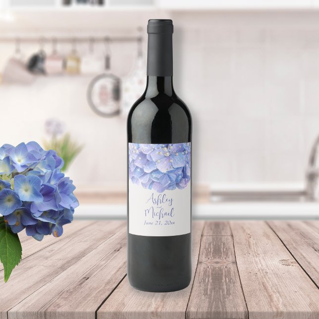 Watercolor Blue Hydrangea Wedding Guests Gifts   Wine Label (Creator Uploaded)