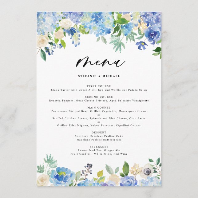 Watercolor Blue Hydrangea Wedding Menu (Front)