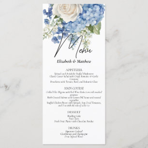 Watercolor Blue Hydrangea White Roses Wedding Menu