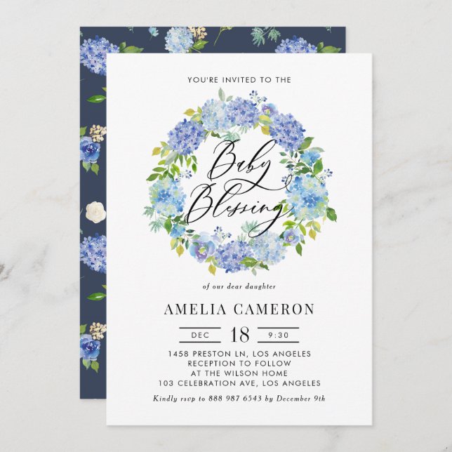 Watercolor Blue Hydrangea Wreath Baby Blessing Invitation (Front/Back)
