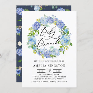 Watercolor Blue Hydrangea Wreath Baby Brunch Invitation