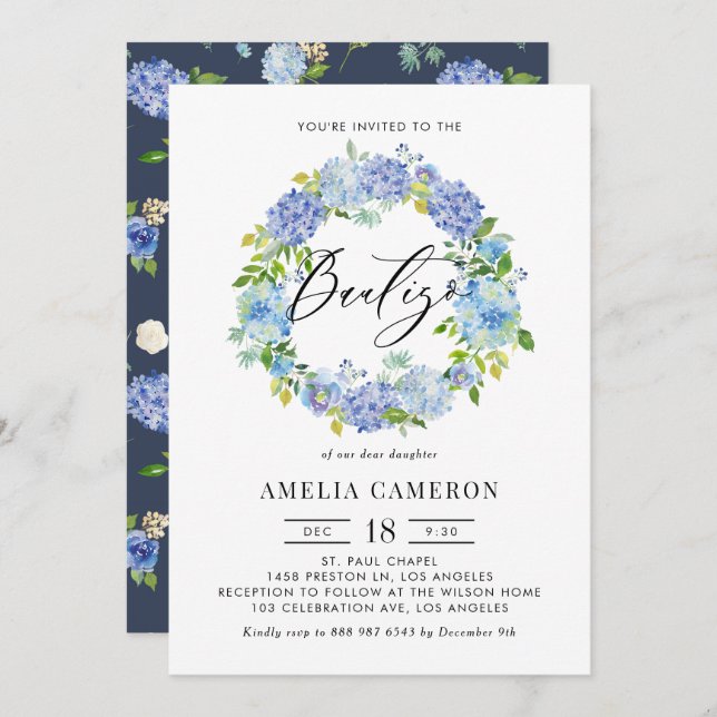 Watercolor Blue Hydrangea Wreath Bautizo Invitation (Front/Back)