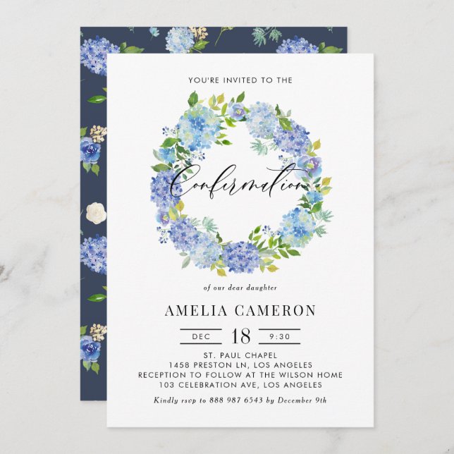 Watercolor Blue Hydrangea Wreath Confirmation Invitation (Front/Back)