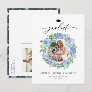 Watercolor Blue Hydrangea Wreath Photo Graduation Announcement Postcard
