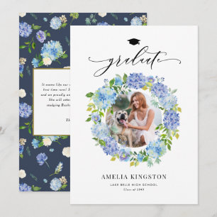 Watercolor Blue Hydrangea Wreath Photo Graduation Invitation