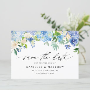 Watercolor Blue Hydrangeas and Ivory Roses Save The Date